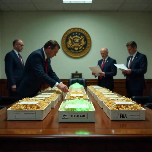FDA officials placing biohazard symbols on organic pasta boxes in sterile government office