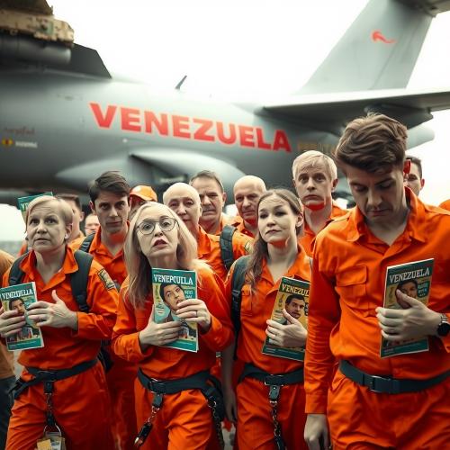 Confused refugees being loaded onto a plane bound for Caracas